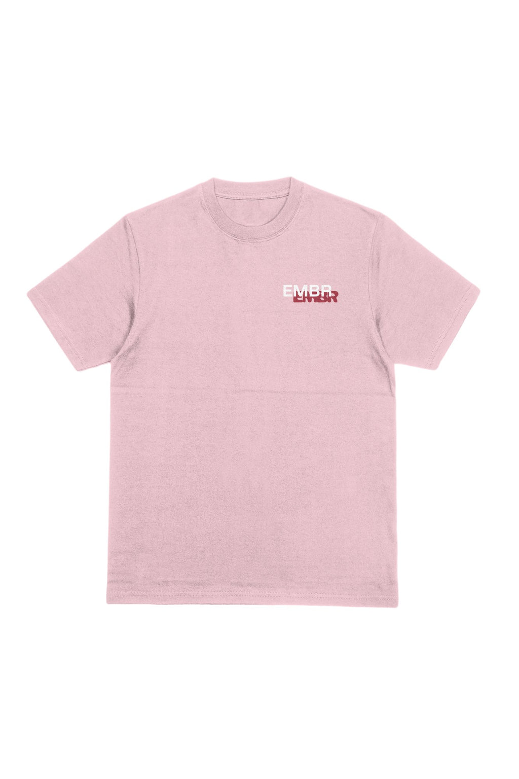 E.M.B.R. Tee in Blossom, front, offset EMBR logo on chest