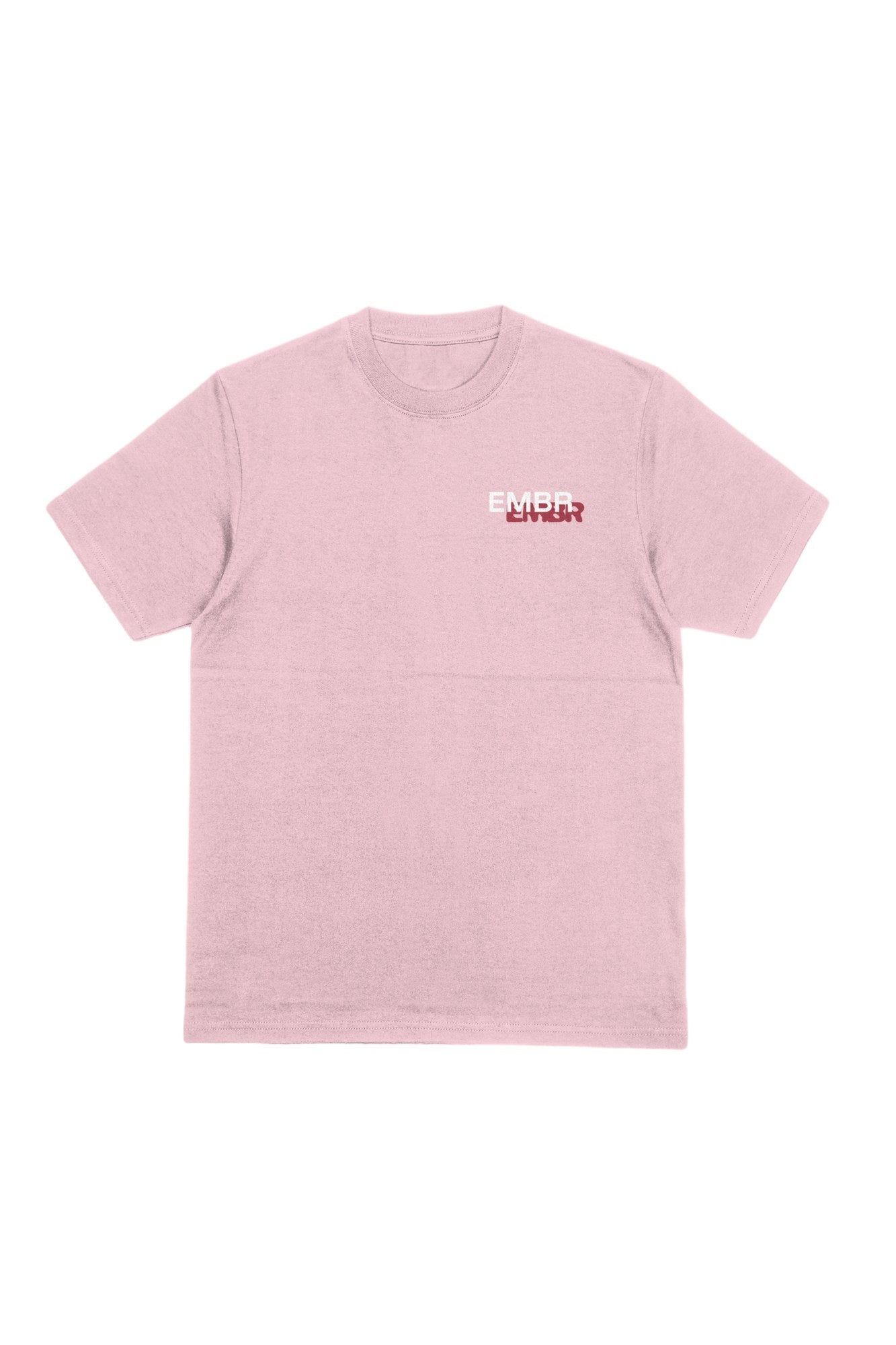 E.M.B.R. Tee in Blossom, front, offset EMBR logo on chest